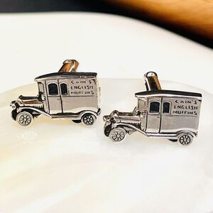 Vintage Cain’s English Muffins Men’s Oldtimer Car Cufflinks Silver Tone OOAK